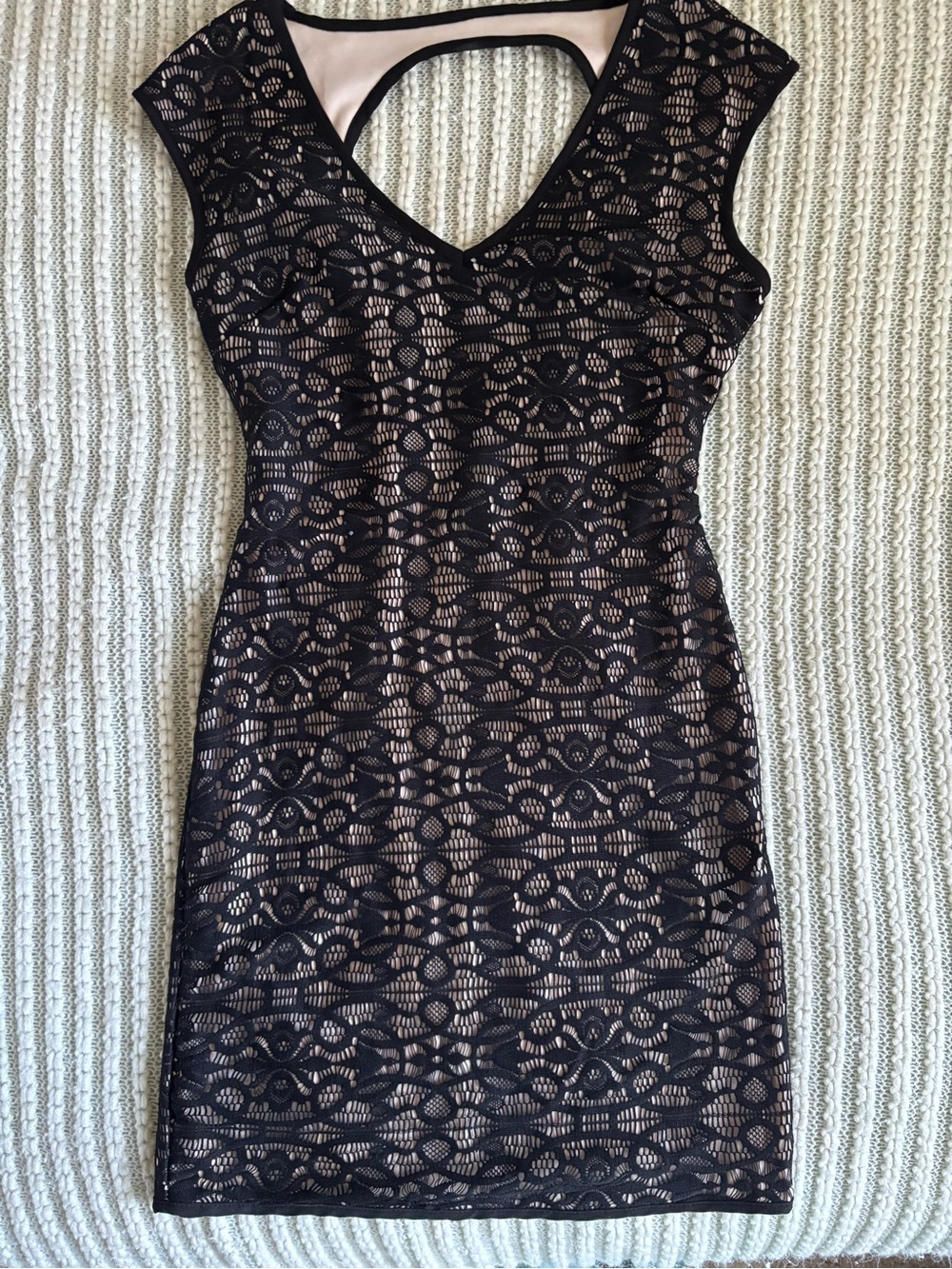 one clothing Black Lace Mini Dress with Nude Lining and V-Back